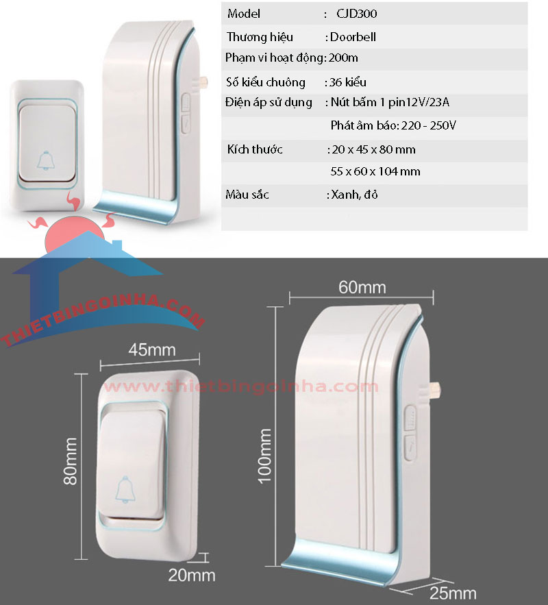 chuông cửa không dây doorbell cjd300 chuong cua khong day gia re